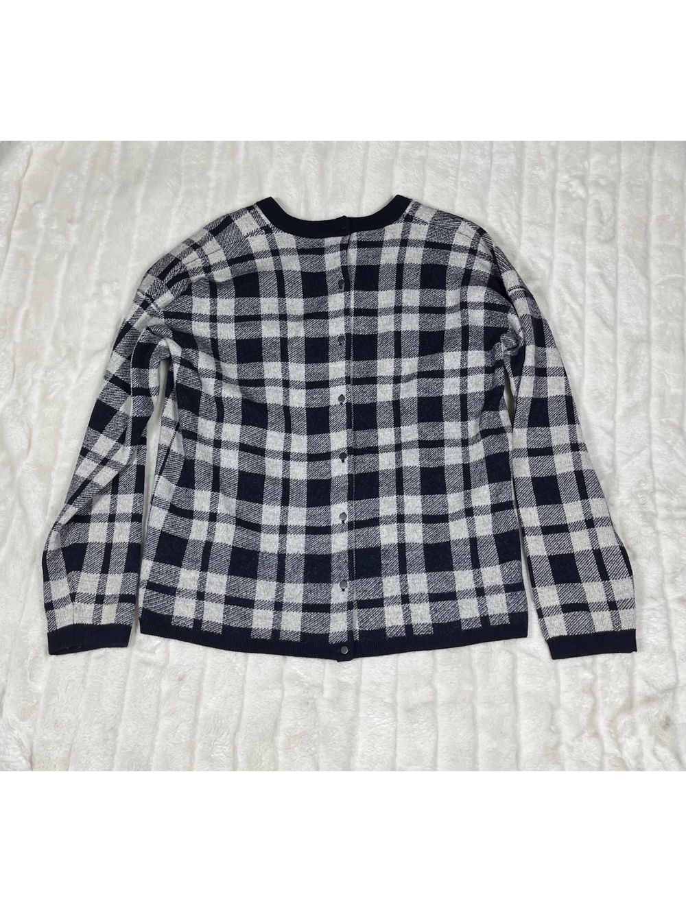 Madewell Blue Grey L Button Back Plaid 100% Merino Wool Sweater Preppy Top